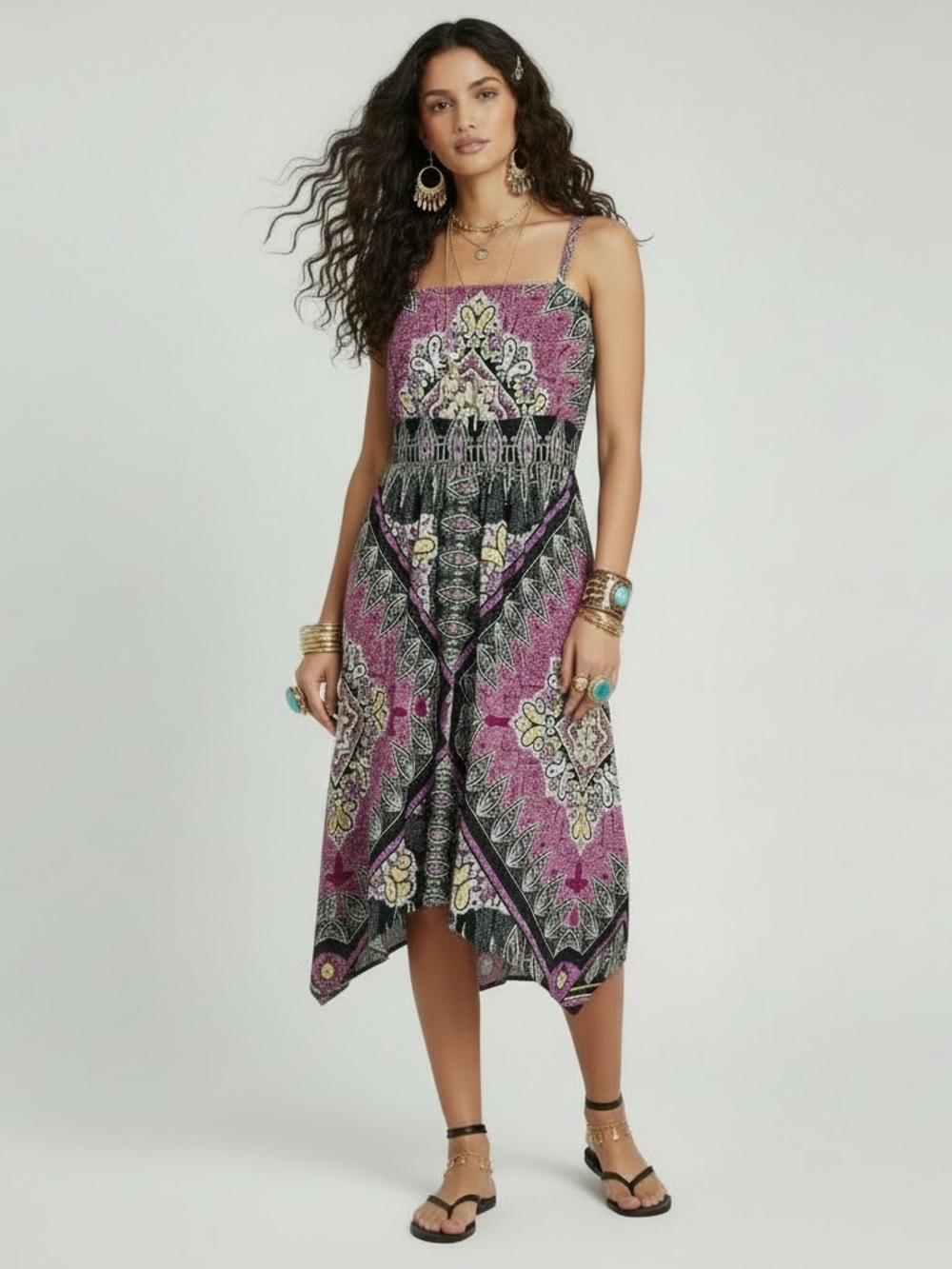 $89 Soma Women’s Empire Waist Handkerchief Hem Full Skirt Purple & Black Sz M